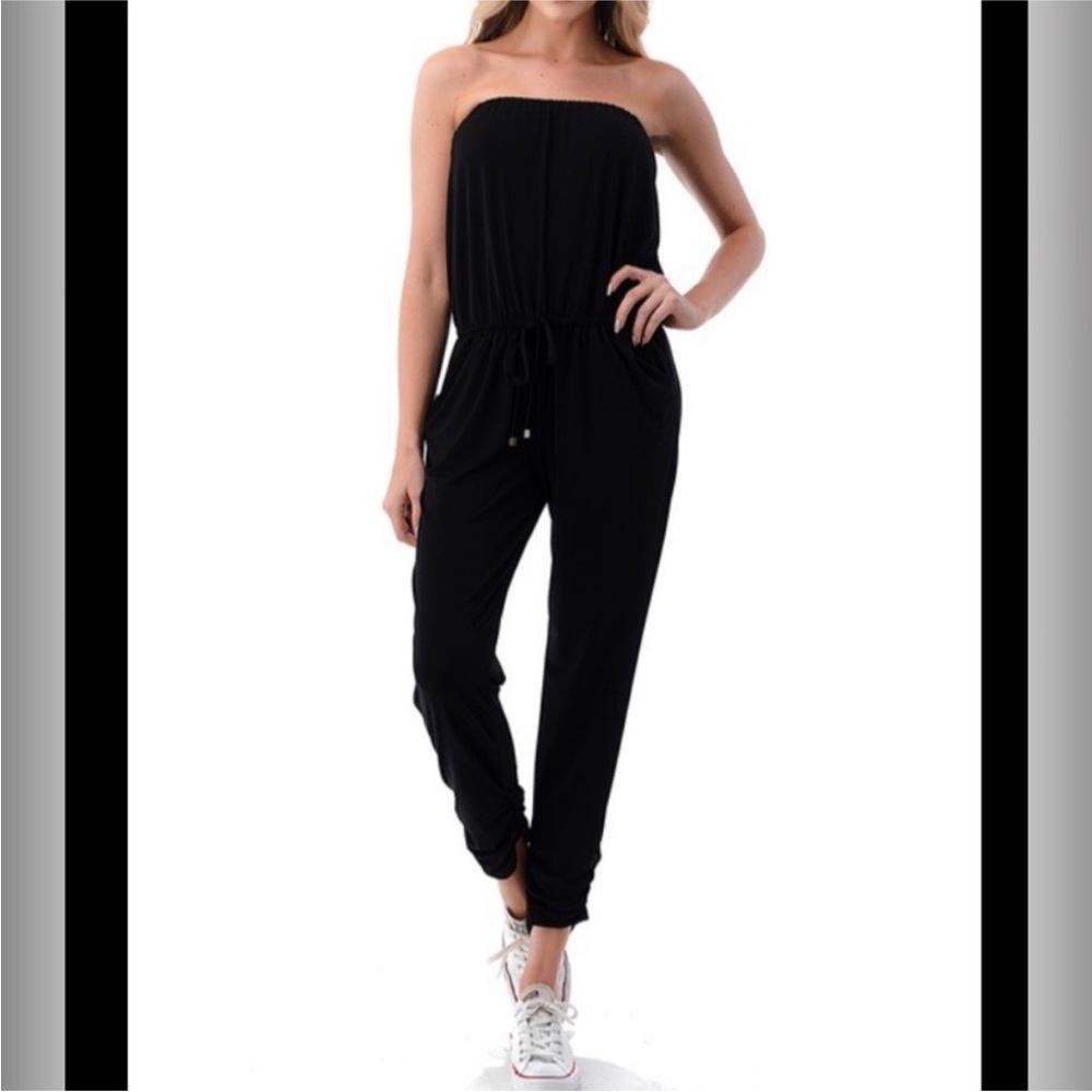 Express Sleek Black Strapless Jumpsuit Tube Top Romper Belt Tie Tapered Legs